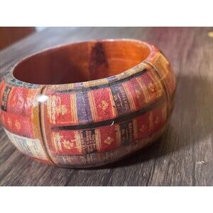Vintage Lacquer Design Wood Bangle Bracelet Book Library Boho Cottagecore